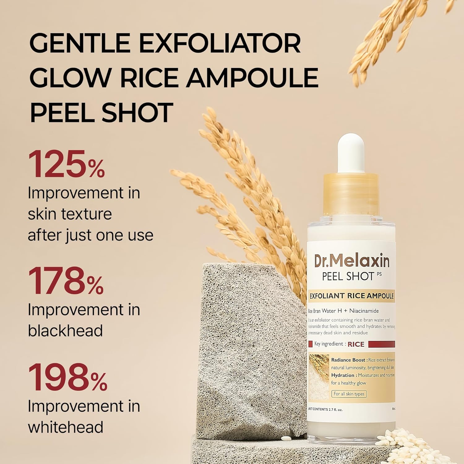 Peel Shot Glow White Rice Exfoliating Ampoule - Gentle Face and Body Scrub for All Skin Types, 80ml