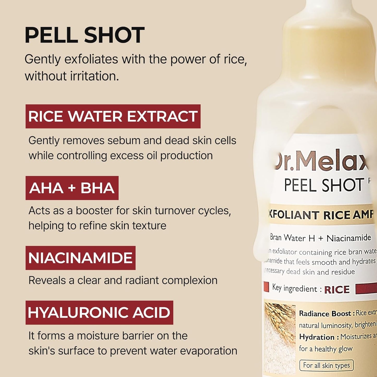 Peel Shot Glow White Rice Exfoliating Ampoule - Gentle Face and Body Scrub for All Skin Types, 80ml