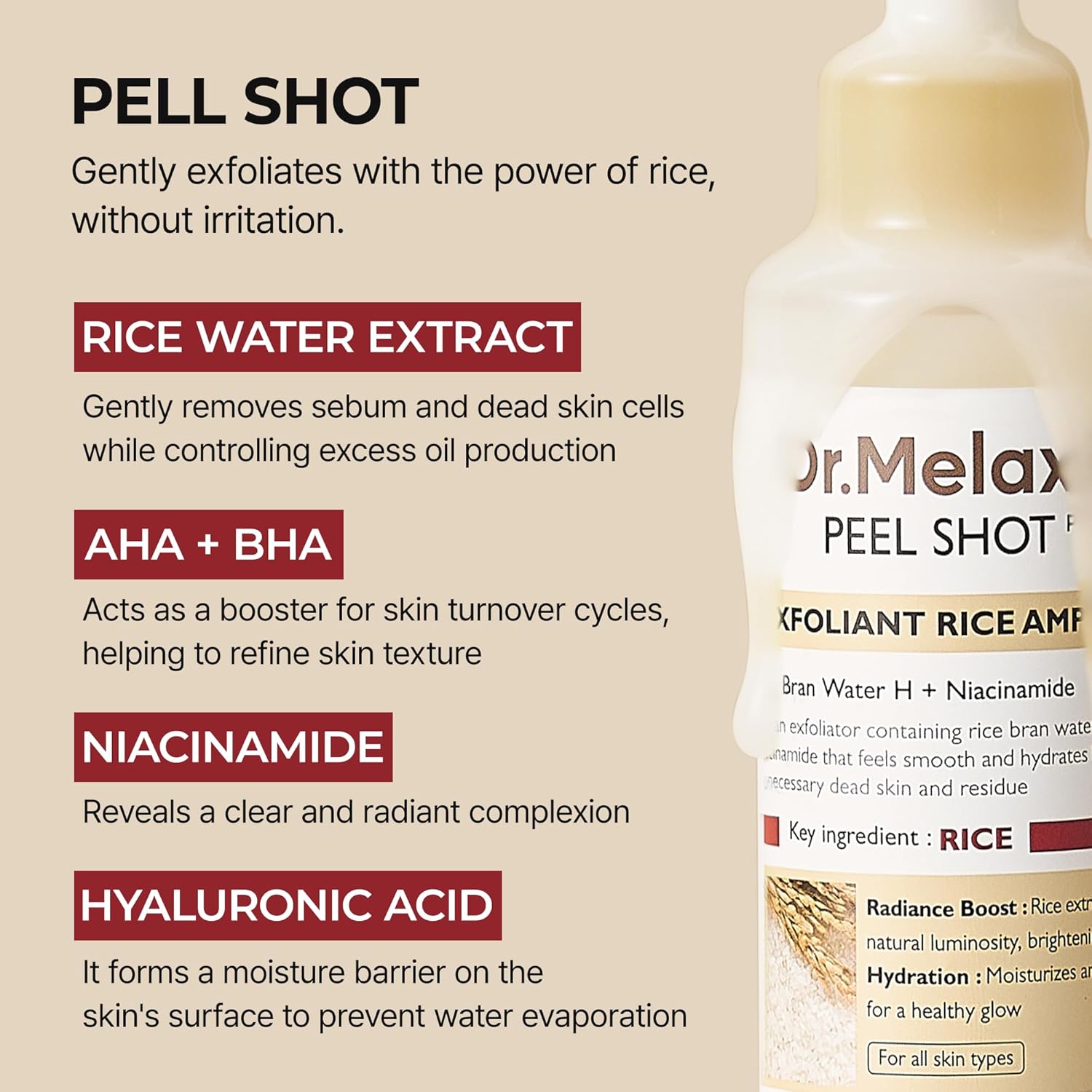 Peel Shot Glow White Rice Exfoliating Ampoule - Gentle Face and Body Scrub for All Skin Types, 80ml